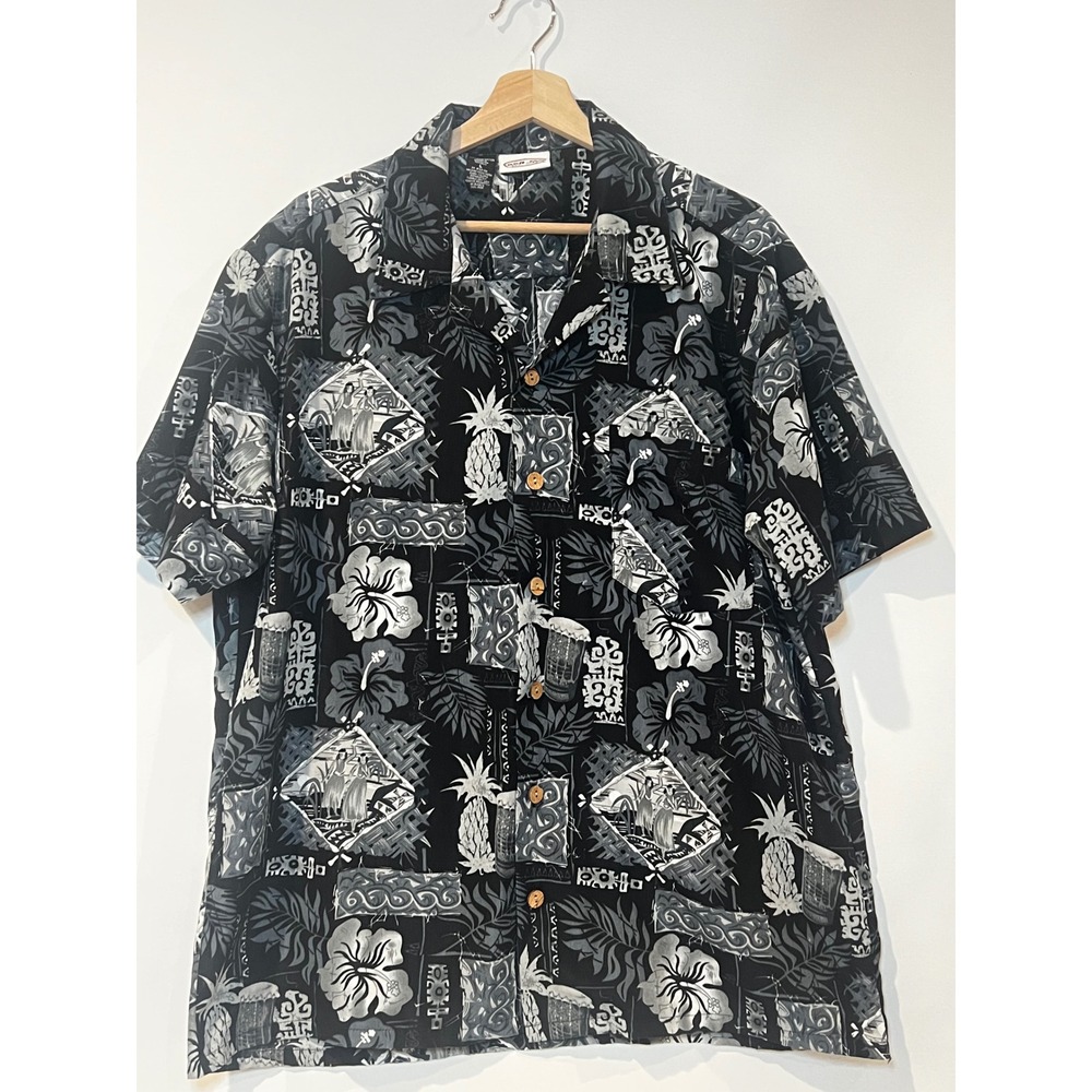 Ron Jon Surf Shop Button Up Shirt Black Hawaiian Tropical Tiki Hibiscus Mens L